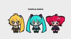 3girls :&lt; ahoge akita_neru aqua_eyes aqua_hair blush_stickers boots chibi collared_shirt commentary detached_sleeves drill_hair full_body hair_ornament hatsune_miku highres kasane_teto kasane_teto_(utau) long_hair long_sleeves multiple_girls necktie neirozum open_mouth pink_eyes pink_hair pleated_skirt shirt side_ponytail skirt sleeveless sleeveless_shirt smile song_name thick_eyebrows thigh_boots triple_baka_(vocaloid) twin_drills twintails utau very_long_hair vocaloid yellow_eyes