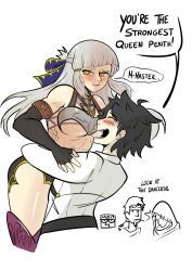 1girl 3boys armor artist_name bikini_armor black_hair blush clinickcase closed_eyes commentary english_commentary english_text fate/grand_order fate_(series) fujimaru_ritsuka_(male) hector_(fate) hug multiple_boys muscular muscular_female open_mouth penthesilea_(fate) picking_up robin_hood_(fate) smoking speech_bubble white_background white_hair yellow_eyes