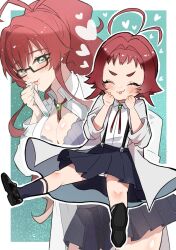 2girls blush breasts chacha_kamimaru dual_persona glasses green_background green_eyes heart highres holding holding_test_tube kimi_no_koto_ga_dai_dai_dai_dai_daisuki_na_100-nin_no_kanojo lab_coat large_breasts long_hair long_sleeves multiple_girls ohananomitsu_high_school_uniform outline red_hair school_uniform semi-rimless_eyewear simple_background suspenders test_tube very_long_hair white_outline yakuzen_kusuri yakuzen_kusuri_(older)