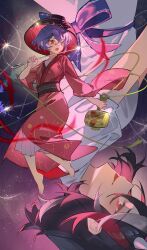 2girls absurdres black_hair bowl bowl_hat ender_xiaohai full_body hat highres holding holding_mallet holding_needle horns japanese_clothes kijin_seija kimono long_sleeves mallet medium_hair miracle_mallet multicolored_hair multiple_girls needle needle_sword puffy_sleeves purple_hair red_eyes red_hair red_kimono shirt star_(sky) starry_sky_background sukuna_shinmyoumaru tongue tongue_out touhou upper_body upside-down white_hair white_shirt