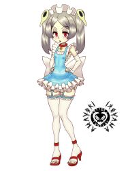 Rule 34 | 1girl, 4m4y0r1, alternate costume, bloody marie (skullgirls), blush, breasts, bridal gauntlets, collar, dress, elbow gloves, fingerless gloves, frilled dress, frilled thigh strap, frills, full body, garter straps, gloves, grey hair, hair ornament, hands on own hips, high heels, maid headdress, nail polish, name tag, open mouth, red eyes, red nails, revision, ribs, short dress, skeleton, skull hair ornament, skullgirls, small breasts, solo, thigh strap, thighhighs, toeless legwear, toeless thighhighs, toenail polish, toenails, twintails, white background, wide hips