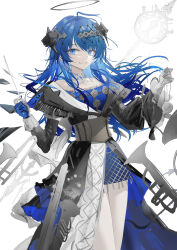 Rule 34 | 1girl, absurdres, ahoge, arknights, asymmetrical gloves, bare shoulders, black dress, black hair, black horns, blue dress, blue eyes, blue hair, brown corset, collar, commentary, corset, detached collar, dress, english commentary, gloves, hair ornament, hand up, highres, holding, holding baton, holding pocket watch, horns, instrument, japanese clothes, layered dress, long hair, looking at viewer, luozhou pile, mismatched gloves, mostima (arknights), mostima (ethereal harmony) (arknights), parted lips, pocket watch, saxophone, sidelocks, smile, solo, thighs, trumpet, two-sided dress, two-sided fabric, watch, white background, white collar, white dress