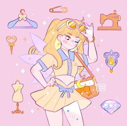 +_+ 1girl adapted_costume adjusting_eyewear artist_name bag bag_bow bare_arms blonde_hair blue_bow blue_eyeshadow blush_stickers bow bracelet breast_pocket choker closed_mouth clothes_hanger collared_shirt constellation_print cowboy_shot crescent cropped_shirt diamond_(gemstone) earrings eyeshadow eyewear_on_head fairy fairy_wings fashion hand_on_eyewear hand_on_own_hip high-waist_skirt jewelry leaphere long_hair makeup mannequin midriff miniskirt nail_polish one_eye_closed orange-tinted_eyewear orange_bag orange_bow orange_eyes orange_nails pantyhose paperclip pink_background pleated_skirt pocket purple_wings ribbon-trimmed_skirt ribbon_trim sewing_machine shirt short-sleeved_sweater short_sleeves shoulder_bag simple_background skirt skirt_set smile solo sparkle sparkling_eyes star-shaped_buttons star_(symbol) star_bracelet star_earrings star_print stella_(winx_club) sunglasses sweater tinted_eyewear transparent_wings waist_bow watermark white-framed_eyewear white_pantyhose wings winx_club yellow_choker yellow_shirt yellow_skirt