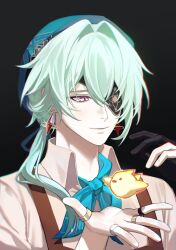 1boy anaxa_(honkai:_star_rail) anaxa_(ingenuity)_(honkai:_star_rail) aqua_hair bird black_background black_gloves blue_eyes brown_vest chng_nguynn124 closed_mouth collared_shirt eyepatch gloves gradient_background highres honkai:_star_rail honkai_(series) jewelry male_focus multiple_rings one_eye_covered partially_fingerless_gloves pink_eyes pink_pupils ring shirt single_glove smile solo vest white_shirt