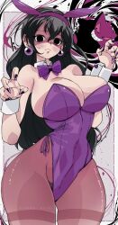 Rule 34 | 1girl, absurdres, artist name, black eyes, black hair, blush, bow, bowtie, breasts, cleavage, closed mouth, collar, covered navel, cowboy shot, detached collar, earrings, gen 1 pokemon, gengar, grin, hair between eyes, hands up, heart, heart print, hex maniac (pokemon), hex maniac (pokemon legends: z-a), highres, jewelry, kinakomochi (user vedc2333), large breasts, leotard, long hair, looking at viewer, nervous, nervous sweating, nintendo, pantyhose, playboy bunny, pokemon, pokemon (creature), pokemon legends: z-a, purple bow, purple bowtie, purple nails, smile, sweat, teeth, white collar