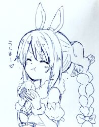 1girl :t animal_ear_fluff animal_ears bare_shoulders blush bow braid carrot_hair_ornament closed_eyes closed_mouth commentary_request detached_sleeves don-chan_(usada_pekora) dress facing_viewer food food-themed_hair_ornament fur-trimmed_gloves fur_trim gloves hair_bow hair_ornament hands_up highres holding holding_food hololive kiritoma long_hair onigiri photo_(medium) puffy_short_sleeves puffy_sleeves rabbit_ears short_sleeves solo strapless strapless_dress traditional_media translation_request twin_braids twintails upper_body usada_pekora usada_pekora_(1st_costume) very_long_hair virtual_youtuber
