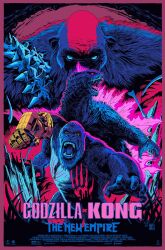 ape b.e.a.s.t._glove bald bleeding blood bloody_handprints blue_eyes blue_sclera bone bone_weapon bone_whip brown_eyes claws colored_sclera crossover dinosaur electroshock_weapon english_text fangs francesco_francavilla gauntlets giant giant_monster glowing glowing_eyes godzilla godzilla_(monsterverse) godzilla_(series) godzilla_evolved godzilla_x_kong:_the_new_empire gorilla handprint highres injury kaiju king_kong king_kong_(series) legendary_pictures looking_at_viewer monster monsterverse movie_poster no_humans no_pupils official_art open_mouth orangutan pink_eyes ribs roaring scar scar_on_chest sharp_teeth skar_king spikes teeth toho tongue weapon whip whip_sword whipslash yellow_sclera