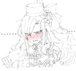 Rule 34 | ..., 1girl, ascot, blush, citron80citron, commentary request, ear blush, fate/grand order, fate (series), flower, greyscale, hair flower, hair ornament, hand up, hat, kriemhild (fate), long hair, long sleeves, mole, mole under eye, monochrome, nose blush, open mouth, playing with own hair, solo, spot color, tearing up