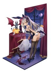 Rule 34 | 1girl, absurdres, alcohol, animal ears, ass, bat (animal), bat wings, bent over, black footwear, black leotard, black thighhighs, blush, bottle, breast press, breasts, broken glass, brown eyes, brown hair, candle, covering ass, covering privates, cup, curtains, dark-skinned female, dark elf, dark skin, drinking glass, elf, embarrassed, eversoul, fake animal ears, fake tail, fishnet thighhighs, fishnets, full body, game cg, ghost, glass, hair between eyes, hair ornament, high heels, high ponytail, highres, holding, holding tray, incredibly absurdres, jack-o&#039;-lantern, lace, lace-trimmed legwear, lace-trimmed thighhighs, lace trim, large breasts, leotard, long hair, looking back, nicole (eversoul), official alternate costume, official alternate hairstyle, official art, pet, playboy bunny, pointy ears, ponytail, pumpkin, rabbit ears, rabbit tail, red wine, sidelocks, sleeveless, solo, spill, standing, strapless, strapless leotard, table, tachi-e, tail, thighhighs, transparent background, tray, window, wine, wine bottle, wine glass, wings, wrist cuffs