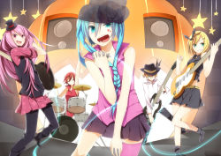 1boy 4girls bad_id bad_pixiv_id band_(music) braid drum front_braid front_ponytail guitar halloween hat hatsune_miku instrument jack-o&#039;-lantern kagamine_len kagamine_rin megurine_luka meiko_(vocaloid) microphone mini_hat mini_top_hat multiple_girls on_stage panda_(pandadesu) performance pumpkin single_thighhigh skirt speaker thighhighs top_hat vocaloid
