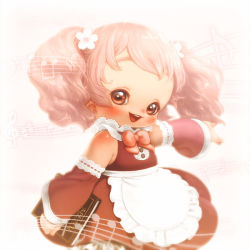 Rule 34 | 1girl, :d, apron, bare shoulders, bars (music), bass clef, beamed quavers, book, bow, detached sleeves, dress, female focus, flower, frilled dress, frills, gradient background, hair flower, hair ornament, holding, koharu-on ami, koharune ami, lace, looking at viewer, musical note, open mouth, outstretched arm, pink background, pink hair, quaver, red eyes, sharp sign, smile, solo, souri, musical staff, treble clef, twintails, utau