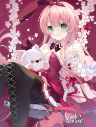 1girl absurdres arcaea artist_name bare_shoulders black_boots black_bow black_bowtie black_pantyhose blush boots bow bow_hairband bowtie braid breasts clenched_hand closed_mouth commentary_request dated detached_collar detached_sleeves dress feet_out_of_frame flower flower_swing frilled_sleeves frills green_eyes hair_ribbon hairband half_up_braid highres holding kou_(arcaea) lace-up_boots long_hair long_sidelocks long_sleeves looking_at_viewer medium_breasts on_swing pantyhose pink_flower pink_hair pleated_skirt red_background red_dress red_hairband red_petals red_ribbon red_skirt red_sleeves ribbon sidelocks sitting skirt smile solo stuffed_animal stuffed_toy swing thigh_boots very_long_hair yuko_(e1033528183)