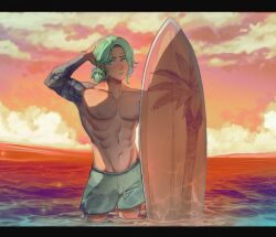 1boy abs arm_up caustics cloud cloudy_sky contrapposto cove_holden cowboy_shot day drop_shadow green_hair green_shorts hair_bun hand_on_own_head highres horizon light_particles littlejennared male_focus medium_hair no_shirt ocean our_life our_life:_beginnings_and_always outdoors palm_tree palm_tree_print partially_submerged pectorals shorts sidelocks sky solo sunset tattoo tattoo_sleeve toned toned_male tree wavy_hair