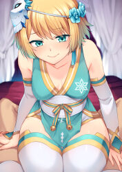Rule 34 | 1boy, 1girl, blonde hair, blue eyes, breasts, female focus, fire emblem, fire emblem heroes, fjorm (fire emblem), fjorm (ninja) (fire emblem), implied sex, looking at viewer, medium breasts, nintendo, pov, sitting, sitting on person, thick thighs, thigh sex, thighs, tsukitokage, wide hips