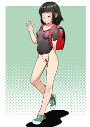 1girl arm_behind_back backpack bag bar_censor black_hair black_shirt bottomless breasts censored closed_eyes full_body green_shoes highres j7w large_variant_set loli medium_hair open_mouth original polka_dot polka_dot_background pussy randoseru shadow shirt shoes small_breasts smile sneakers solo standing standing_on_one_leg variant_set