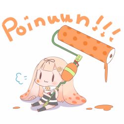 10s 1girl :3 black_ribbon black_serafuku black_skirt black_socks blonde_hair blunt_bangs chibi commentary female_focus fusion hair_ornament hair_ribbon hairclip holding inkling_player_character kantai_collection kneehighs long_hair momoniku_(taretare-13) neckerchief nintendo paint_roller paint_splatter pleated_skirt ribbon scarf school_uniform serafuku short_sleeves simple_background sitting skirt socks solid_oval_eyes solo splat_roller_(splatoon) splatoon_(series) splatoon_1 tentacle_hair white_background white_scarf yuudachi_(kancolle)