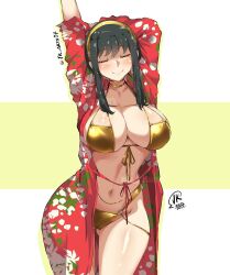 1girl arm_up bikini black_hair breasts closed_eyes commentary cowboy_shot english_commentary eyepatch_bikini gold_bikini gold_hairband hairband jk_arts large_breasts navel short_hair smile solo spy_x_family stomach swimsuit swimsuit_cover-up thighs twitter_username two-tone_background yor_briar