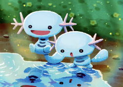 aruco_co commentary day gen_2_pokemon highres nintendo no_humans open_mouth outdoors pokemon pokemon_(creature) reflection reflective_water smile water wooper