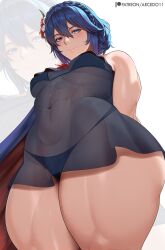 1girl abs absurdres alternate_hairstyle arcedo bare_legs bikini blue_bikini blue_cape blue_eyes blue_hair blue_veil brand_of_the_exalt breasts cape covered_navel fire_emblem fire_emblem_awakening fire_emblem_heroes flower from_below hair_flower hair_ornament hibiscus highres looking_at_viewer lucina_(fire_emblem) lucina_(summer)_(fire_emblem) marth_(fire_emblem_awakening) matching_hair/eyes medium_breasts muscular muscular_female muscular_legs nintendo patreon_logo patreon_username red_cape short_hair smile swimsuit thick_thighs thighs two-tone_cape veil white_background