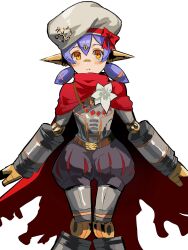 1girl 4me3ba_niku android bow flower hat hat_bow highres knees_together_feet_apart looking_at_viewer orange_eyes poppi_(xenoblade) poppi_alpha_(xenoblade) purple_hair red_bow simple_background solo standing white_background white_flower white_hat xenoblade_chronicles_(series) xenoblade_chronicles_2