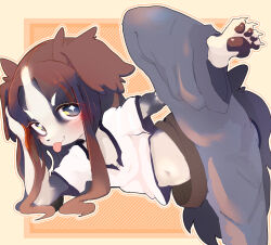 +_+ 0kazu10001 1girl absurdres animal_ears bad_id bad_twitter_id blush body_fur brown_hair claws dog_ears dog_girl dog_tail furry furry_female grey_pants highres inactive_account navel original outline pants pawpads shirt split standing standing_on_one_leg standing_split sweatpants tail tongue tongue_out