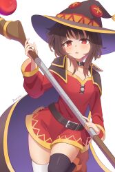 1girl absurdres asymmetrical_legwear bawnzee belt belt_collar black_cape black_hair blue_cape blush cape collar collarbone dress hat highres holding holding_staff kono_subarashii_sekai_ni_shukufuku_wo! long_sleeves looking_at_viewer mage_staff medium_hair megumin mismatched_legwear open_mouth red_dress red_eyes short_dress signature simple_background solo staff standing standing_on_one_leg thighhighs two-sided_cape two-sided_fabric white_background witch_hat zettai_ryouiki