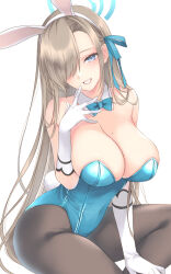 1girl animal_ear_hairband animal_ears asuna_(blue_archive) asuna_(bunny)_(blue_archive) ayase_hazuki bare_shoulders black_pantyhose blue_archive blue_bow blue_bowtie blue_eyes blue_halo blue_leotard blue_ribbon blush bow bowtie breasts brown_hair cleavage collar comiket_105 commentary_request covered_navel detached_collar elbow_gloves fake_animal_ears fake_tail gloves hair_over_one_eye hair_ribbon hairband halo hand_up highleg highleg_leotard highres large_breasts leotard long_hair looking_at_viewer official_alternate_costume pantyhose playboy_bunny rabbit_ears rabbit_tail ribbon simple_background sitting smile solo strapless strapless_leotard tail teeth very_long_hair white_background white_collar white_gloves white_hairband