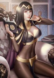 Rule 34 | 1girl, audia pahlevi, black hair, bodystocking, breasts, cleavage, female focus, fire emblem, fire emblem awakening, highres, hime cut, large breasts, long hair, looking at viewer, nintendo, solo, tharja (fire emblem), tiara