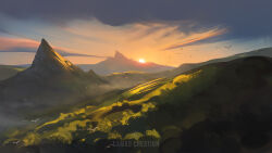 Rule 34 | blue sky, cambocreation, cloud, dawn, flock, gradient sky, hill, landscape, mountain, mountainous horizon, no humans, original, painterly, scenery, sky, sun, sunlight, watermark, yellow sky