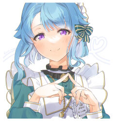 1boy apron aqua_shirt artist_name black_collar buttons c: close-up closed_mouth collar dress_shirt ensemble_stars! frilled_apron frilled_shirt_collar frills hands_up highres index_fingers_together jewelry letterboxed light_blush long_sleeves looking_at_viewer male_focus medium_hair necklace official_alternate_color official_alternate_costume portrait ppppp_pink3 purple_eyes shino_hajime shino_hajime_(made-to-order) shirt smile solo split_mouth swept_bangs trap white_apron white_background yellow_trim