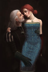 Rule 34 | 1boy, 1girl, absurdres, aqua dress, bare shoulders, beard, black gloves, black jacket, dress, earrings, facial hair, geralt of rivia, gloves, highres, jacket, jewelry, red hair, stephane robert, strapless, strapless dress, the witcher (series), triss merigold, white hair, witcher medallion
