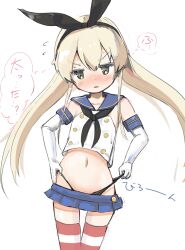 1girl :v alternate_hairstyle black_hairband black_neckerchief black_panties black_ribbon blonde_hair blush breasts buttons commentary_request cropped_shirt double-breasted elbow_gloves gloves hair_between_eyes hair_ribbon hairband highleg highleg_panties highres hip_focus kantai_collection kiyoharu_lp long_hair microskirt midriff navel neckerchief panties parted_lips pleated_skirt ribbon school_uniform serafuku shimakaze_(kancolle) shirt skirt sleeveless sleeveless_shirt small_breasts solo standing stomach string_pull striped_clothes striped_thighhighs thighhighs translated twintails underwear very_long_hair white_gloves yellow_eyes
