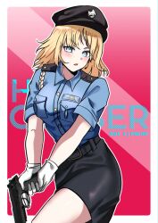 Rule 34 | 1girl, absurdres, beretta px4 storm, blonde hair, blue eyes, blush, female service cap, gun, hair ornament, handgun, hat, highres, hololive, hololive english, looking at viewer, open mouth, police, police hat, police uniform, policeman, policewoman, shirt, short hair, solo, virtual youtuber, watson amelia, weapon, zikryzero