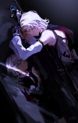 2boys absurdres back_ribbon bare_shoulders black_gloves black_ribbon black_shorts closed_mouth fis6019 genshin_impact gloves highres lyney_(genshin_impact) multiple_boys pink_eyes ribbon shirt short_hair shorts smile white_hair white_shirt white_sleeves