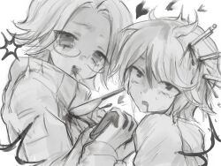 2boys ahoge aotsuki_eito black_gloves blood crying crying_with_eyes_open glasses gloves greyscale highres holding_hands long_sleeves looking_at_viewer male_focus messy_hair monochrome multiple_boys parted_hair stab stabbed_through_head sumino_takumi tears the_hundred_line_-last_defense_academy- upper_body