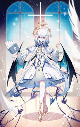 book commentary_request cross cross_necklace crossed_legs full_body high_heels highres indoors jewelry juliet_sleeves long_hair long_sleeves looking_at_viewer necklace original pointy_ears puffy_sleeves red_eyes sheya standing very_long_hair watson_cross white_hair wide_sleeves wings