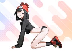 1girl absurdres all_fours beanie black_choker black_hair black_panties black_socks black_sweater breasts choker closed_mouth cropped_sweater from_side full_body grey_eyes hat highres looking_at_viewer nintendo otokakoto panties pokemon pokemon_sm red_hat red_shoes selene_(pokemon) shoes short_hair small_breasts smile socks solo sweater underwear