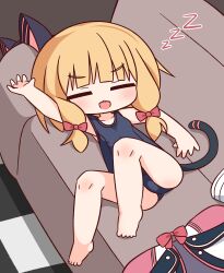 1girl barefoot black_one-piece_swimsuit blonde_hair blue_archive blush bow closed_eyes commentary_request couch full_body hair_bow hana_kazari headphones highres long_hair lying momoi_(blue_archive) on_back one-piece_swimsuit open_mouth red_bow sleeping solo swimsuit unworn_clothes unworn_headphones zzz