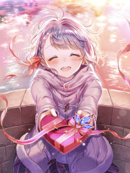 1girl ^_^ baizu_(guszx) blue_gemstone blush box braid candy chocolate chocolate_heart closed_eyes cowboy_shot evening food gem gift grey_hair hair_ribbon heart heart-shaped_box heart-shaped_food holding holding_chocolate holding_food holding_gift lake long_sleeves looking_at_viewer open_mouth outstretched_arms pleated_skirt red_ribbon ribbon shironeko_project skirt smile solo standing tina_topia two-handed valentine