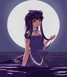 1girl absurdres black_hair bow braid commentary_request cowboy_shot flat_chest full_moon half_up_braid highres long_hair looking_at_viewer moon nari-14 neck_ribbon open_mouth partially_submerged purple_bow purple_ribbon purple_shirt purple_skirt purple_sky ribbon shirt sidelocks skirt skirt_set sky sleeveless sleeveless_shirt solo star_(symbol) star_print star_sapphire touhou water