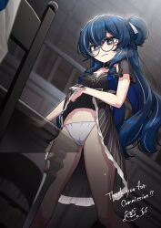 Rule 34 | + +, 1girl, aallotar (ac8231), bell, black dress, blue dress, blue eyes, blue hair, blush, breasts, clothes lift, collarbone, commentary request, commission, crotch rub, desk, double bun, dress, dress lift, female masturbation, frilled dress, frills, glasses, hair bun, heebee, indoors, lifting own clothes, long hair, masturbation, masturbation through clothes, medium breasts, navel, neck bell, original, panties, parted lips, ribbon, round eyewear, second-party source, short sleeves, signature, skeb commission, solo, sparkling eyes, sweat, symbol-shaped pupils, table humping, thank you, two-tone dress, underwear, white panties, white ribbon