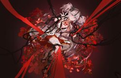 1girl arm_up black_eyes black_flower blake_bloom_(wuthering_waves) breasts camellya_(wuthering_waves) chinese_commentary collar collarbone commentary_request dress flower from_above full_body hair_between_eyes hair_flower hair_ornament highres looking_at_viewer medium_breasts minglu_(gululu) open-toe_shoes parted_lips partially_submerged red_flower short_twintails solo tacet_mark_(wuthering_waves) twintails water white_collar white_dress white_hair wuthering_waves