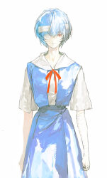 absurdres ayanami_rei bandage_over_one_eye bandaged_arm bandaged_head bandages bandaid blue_hair bow cui_(jidanhaidaitang) highres neon_genesis_evangelion red_bow red_eyes school_uniform tokyo-3_middle_school_uniform