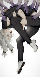 1boy absurdres air_(ai_r_) black_pants black_shirt blue_eyes blue_hair colored_skin full_body hanging heterochromia highres jujutsu_kaisen long_hair low-tied_long_hair mahito_(jujutsu_kaisen) male_focus middle_finger open_mouth pants purple_skin scrunchie shirt shoes solo stitched_arm stitched_face stitched_neck stitches teeth tongue tongue_out upside-down white_shoes yellow_eyes