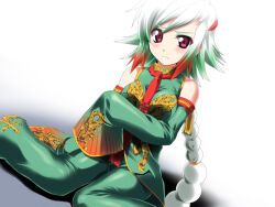 1girl armpits braid chinese_clothes detached_sleeves gradient_hair green_hair green_pants kof:_maximum_impact looking_at_viewer multicolored_hair next_new off_shoulder pants red_eyes single_braid sleeves_past_fingers sleeves_past_wrists solo the_king_of_fighters very_long_sleeves xiao_lon