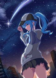 1girl absurdres ass baseball_cap black_skirt blue_eyes blue_hair blue_nails breasts hair_through_headwear hand_in_pocket hand_on_headwear hat high_ponytail highres hololive hood hooded_jacket hoshimachi_suisei hoshimachi_suisei_(11th_costume) jacket miniskirt night night_sky outdoors ponytail shooting_star skirt sky small_breasts solo soware star_(sky) starry_sky thighs virtual_youtuber