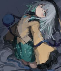 1girl black_hat black_thighhighs buttons closed_mouth collared_shirt colored_inner_hair cowboy_shot diamond_button expressionless flat_chest frilled_shirt_collar frilled_sleeves frills green_hair green_skirt grey_eyes grey_hair hair_between_eyes hat head_back highres komeiji_koishi long_hair long_sleeves multicolored_hair reverinth shirt sketch skirt solo straight_hair thighhighs touhou two-tone_hair yellow_shirt