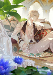 1boy alkaid_mcgrath alkaid_mcgrath_(eden) arch arm_rest ascot blanket blonde_hair blue_flower carpet closed_mouth collared_shirt cushion earrings expressionless feet_out_of_frame flower formal_clothes green_eyes hair_between_eyes head_rest highres indoors jacket jewelry knees_up lapel_pin lapels leaf light_particles lily_pad loli_bushi long_sleeves looking_at_viewer lovebrush_chronicles male_focus medium_hair middle_eastern_architecture on_floor open_clothes open_jacket pants plant shirt sideways_glance sitting sleeve_garter sleeves_past_wrists solo suit vest water_lily_flower white_ascot white_jacket white_pants white_shirt white_suit white_vest