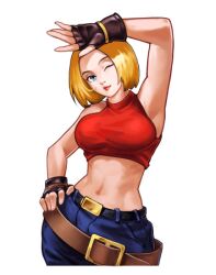 1girl blonde_hair blue_eyes blue_mary breasts female_focus gloves huge_breasts large_breasts looking_at_viewer shirt tank_top the_king_of_fighters thick_thighs thighs wide_hips