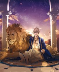 1boy animal bakugou_katsuki blonde_hair boku_no_hero_academia crossed_legs highres lion male_focus mkm_(mkm_storage) morning open_clothes pectoral_cleavage pectorals pillar red_eyes robe shoes short_hair sitting solo spiked_hair